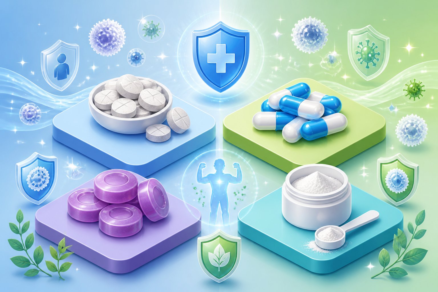 An isometric illustration showing different types of zinc supplements including tablets, capsules, lozenges, and powder, with icons representing immune health around them.