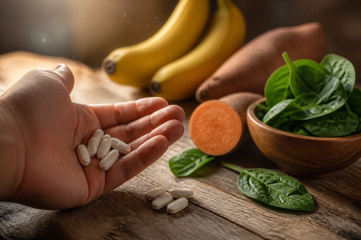 A hand holding potassium supplement tablets next to bananas, spinach, and sweet potatoes on a wooden table.