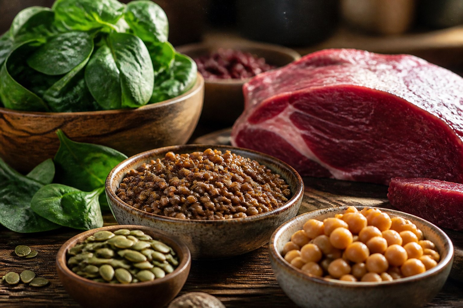 A close-up view of a wooden table displaying various iron-rich foods including spinach, lentils, red meat, pumpkin seeds, and chickpeas arranged invitingly.