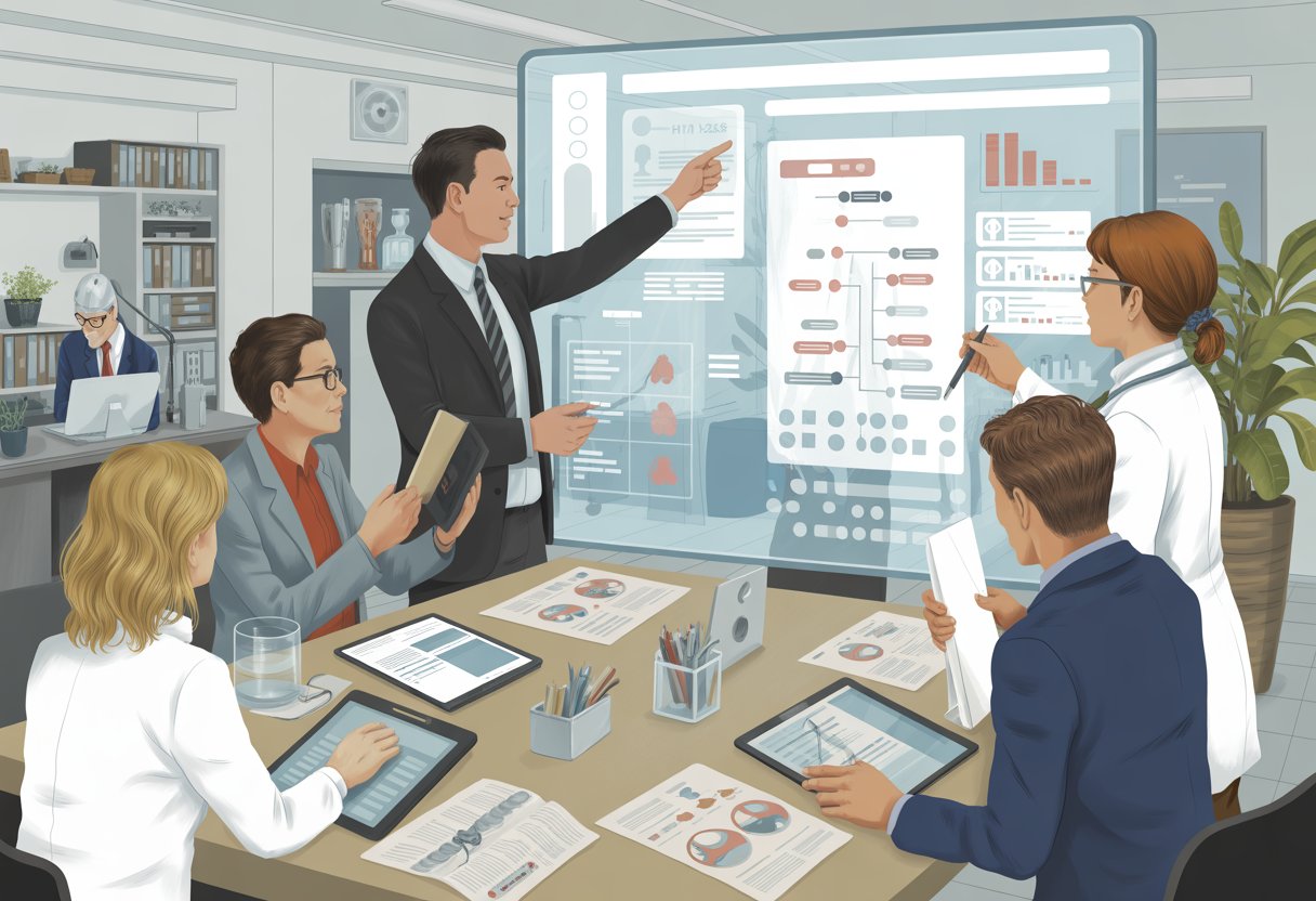 A group of healthcare professionals working together around a table with charts and digital screens showing health data and risk assessment steps.