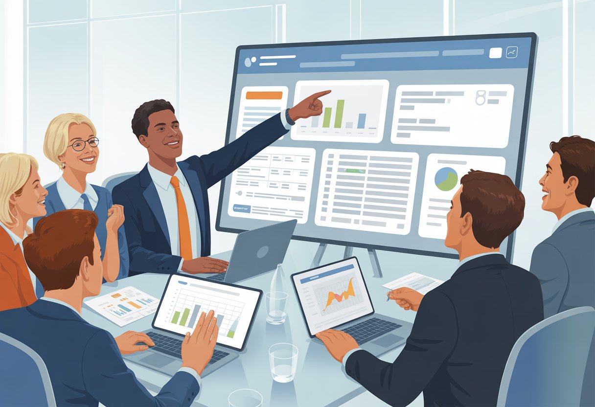 A group of business professionals collaborating around a digital touchscreen table displaying various human resource administration tools in a modern office.