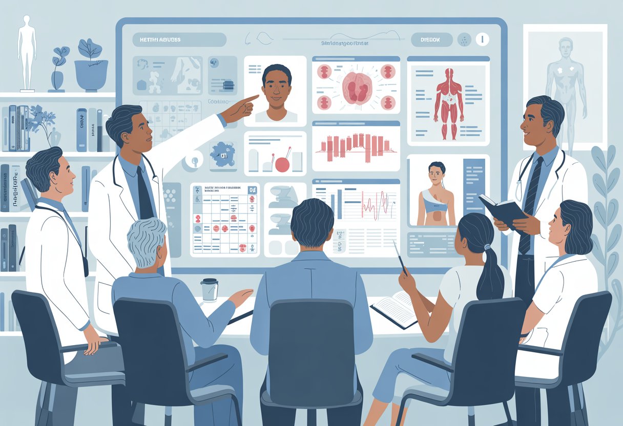 Healthcare professionals collaborating around a digital table reviewing health data and risk charts in a medical office.