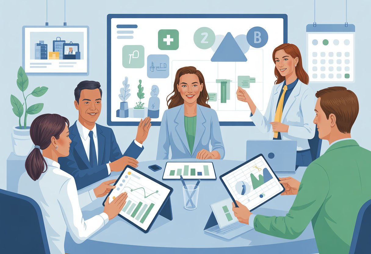 A group of professionals discussing health reimbursement arrangements around a conference table with digital devices and charts.