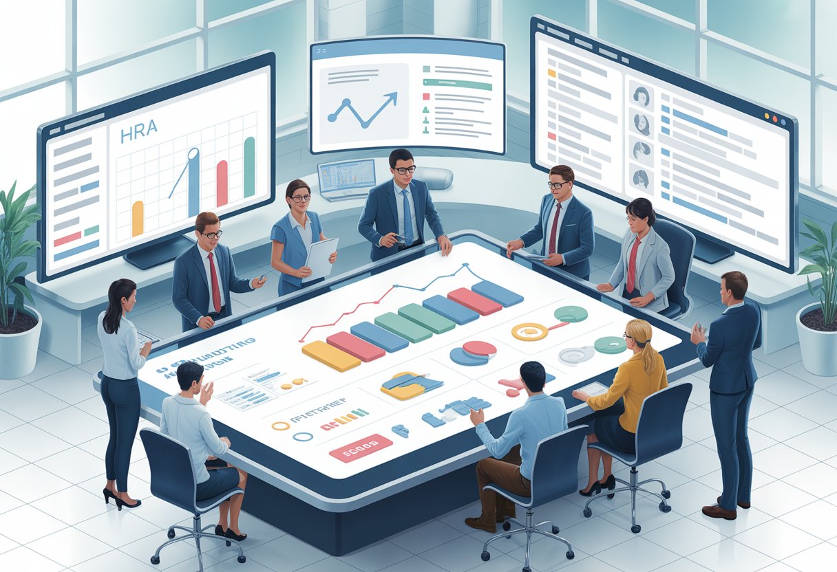 A group of professionals collaborating around a digital table with charts and graphs about HRA administration tools in a modern office setting.