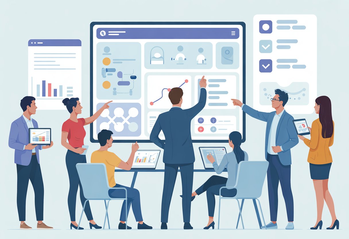 A group of people in an office collaboratively evaluating software tools on digital screens and devices, discussing and comparing features.