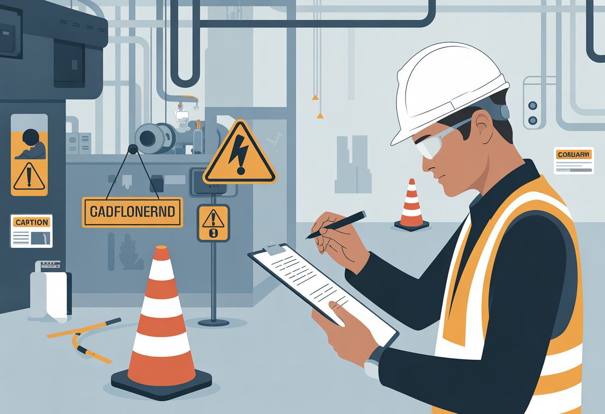 A safety officer inspecting a workplace, noting potential hazards such as exposed wiring and heavy machinery.