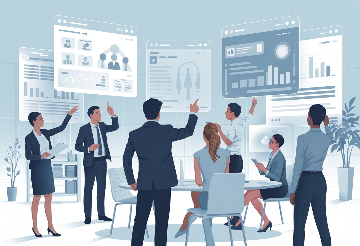 A group of business professionals in an office discussing and comparing digital displays of software features.