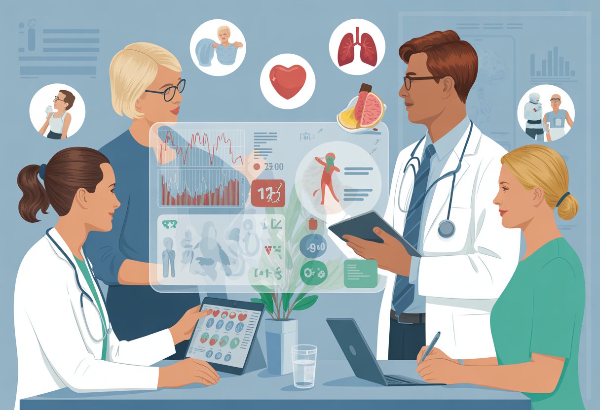 Healthcare professionals collaborating to assess health risks using digital charts and medical equipment in a clinical setting.