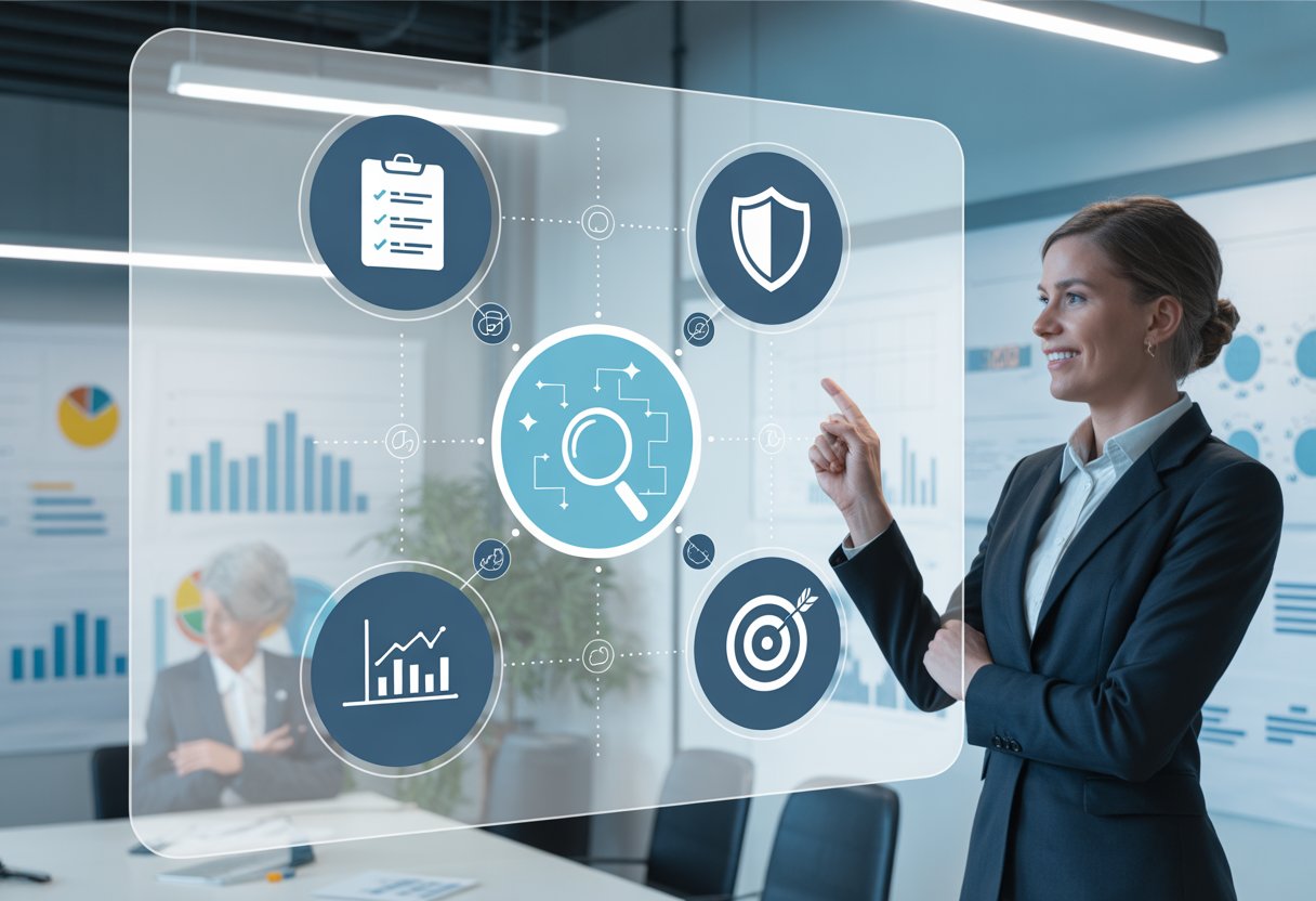 A business professional pointing at digital icons representing risk assessment steps in a modern office setting.