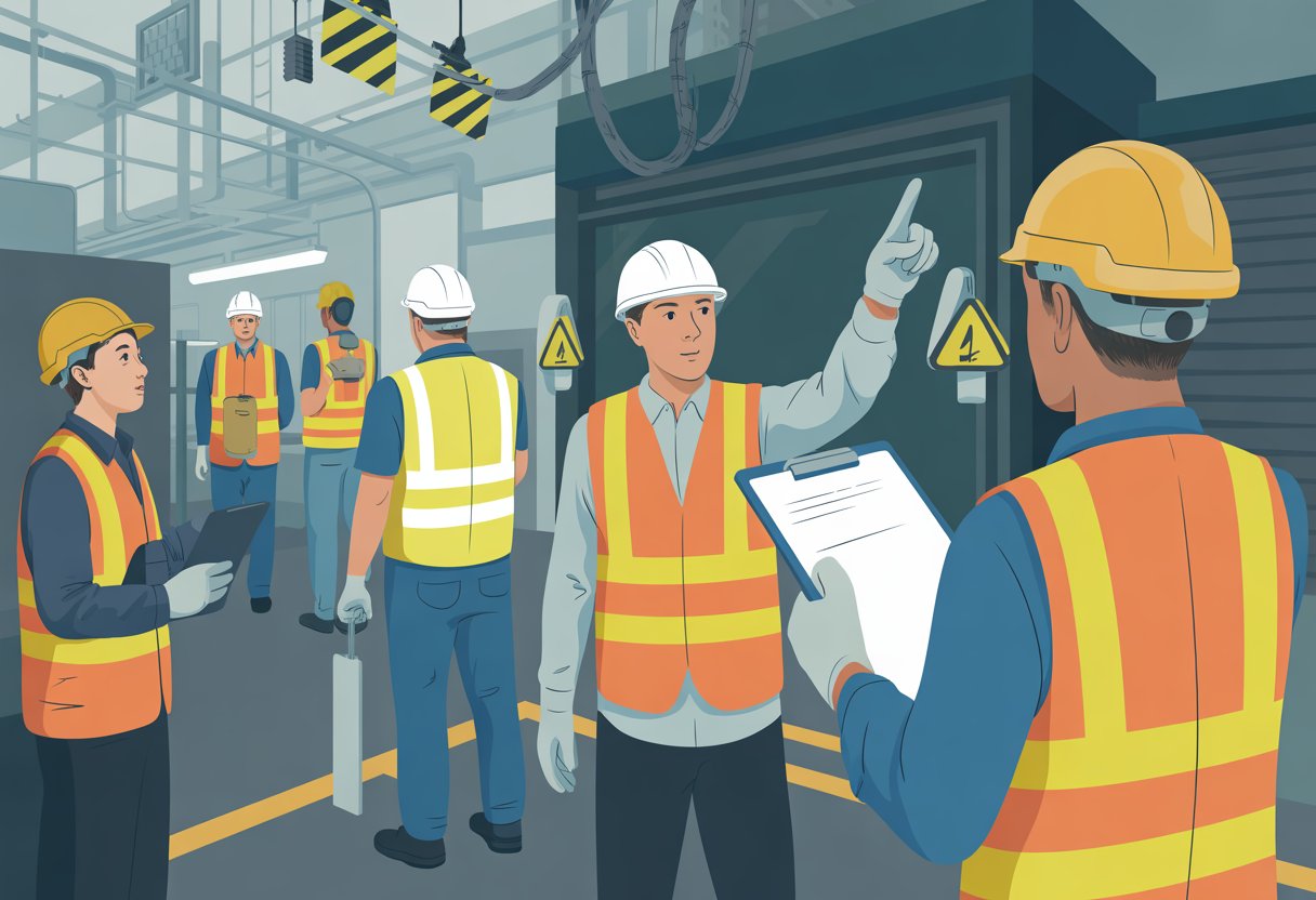 Workers wearing safety gear inspecting an industrial workplace to identify potential hazards.