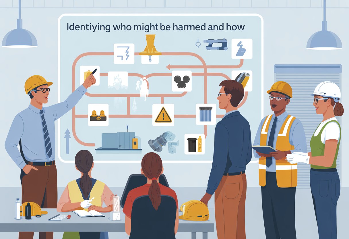 A group of diverse workers in a workplace discussing potential hazards with a safety diagram in the background.