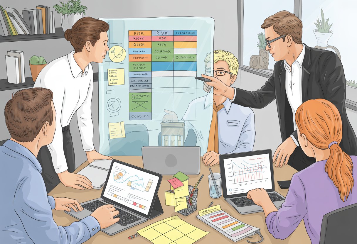 A group of professionals collaborating around a table reviewing risk data and charts in an office setting.