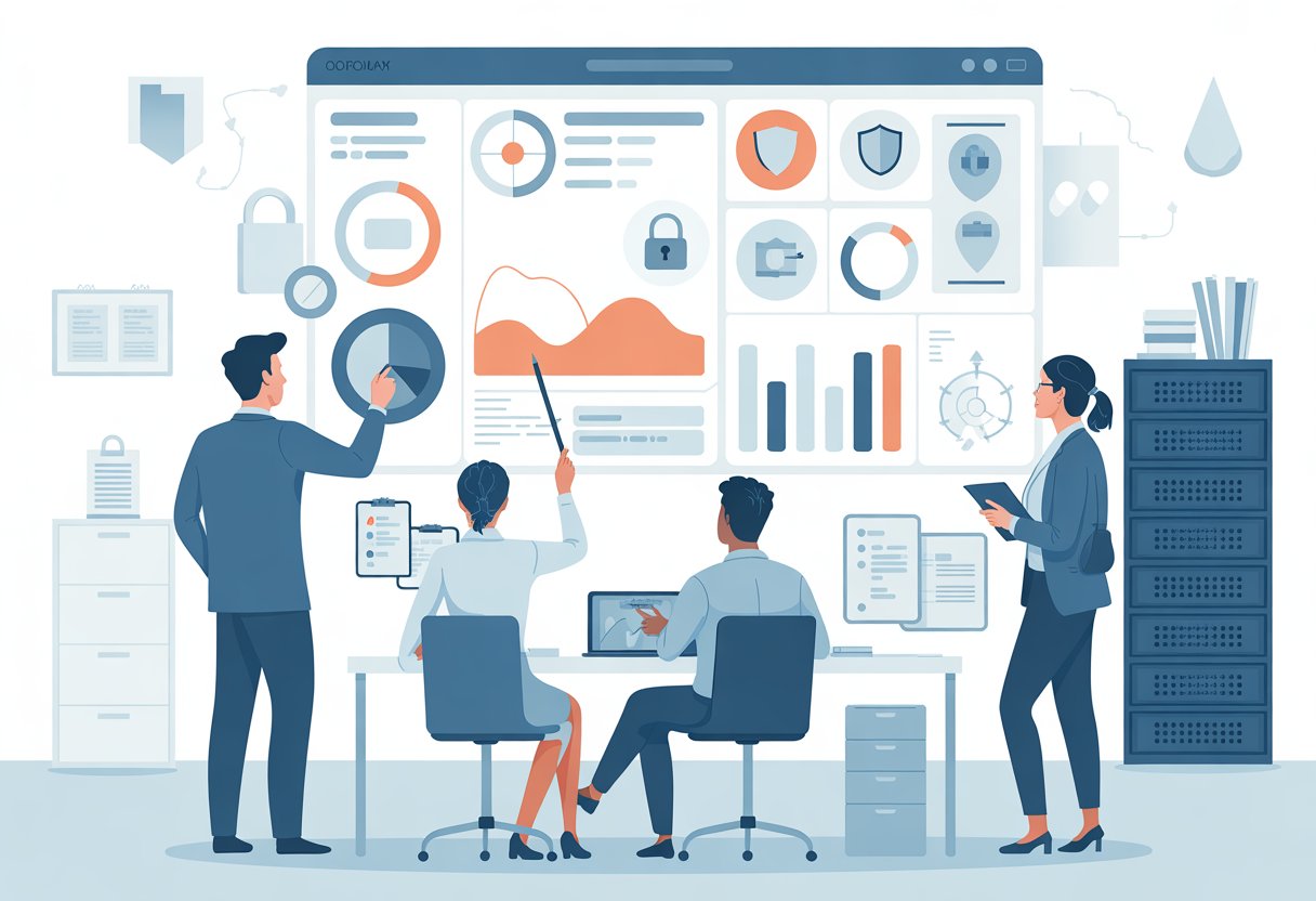 A group of professionals collaborating around a digital dashboard with charts and security icons in a modern office setting.