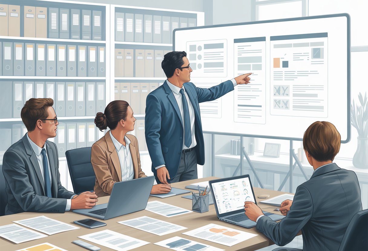 A group of professionals collaborating around a table with documents and laptops, discussing plans displayed on a screen in an organized office setting.