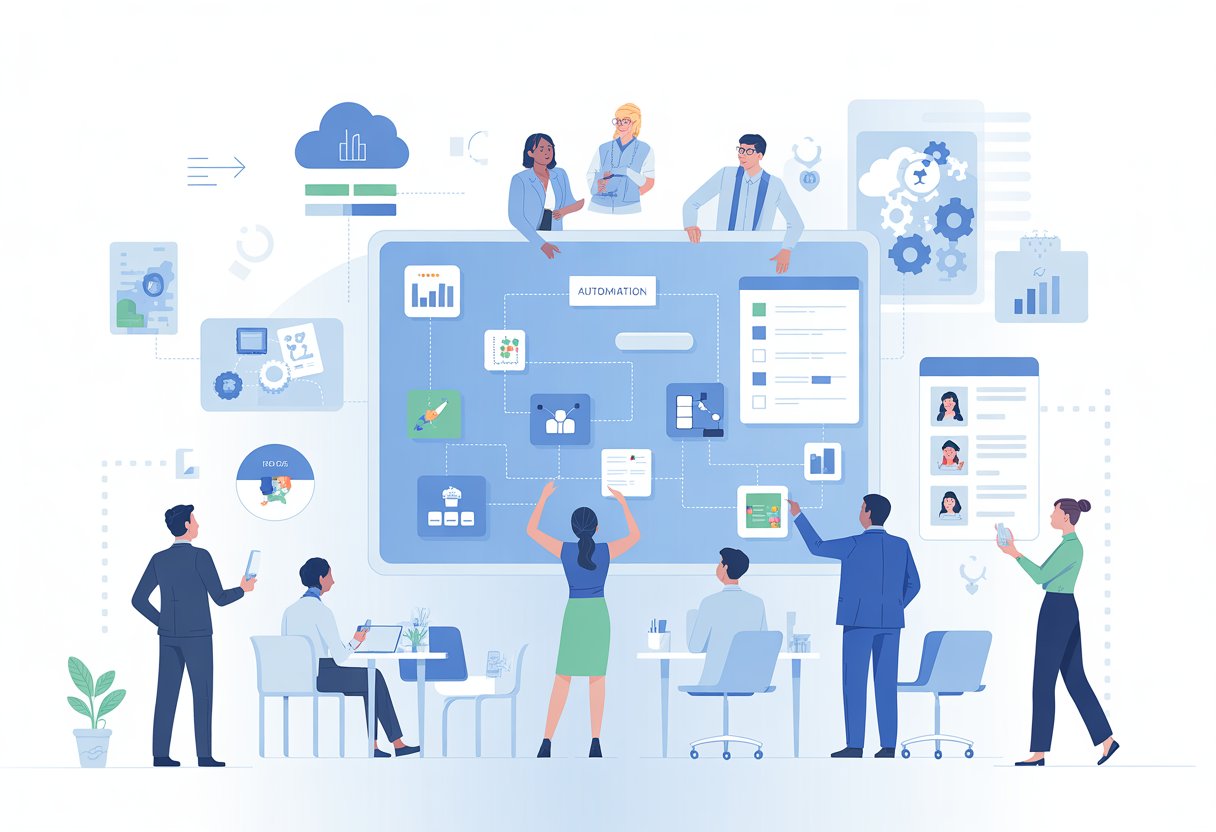 Professionals collaborating around a large digital touchscreen displaying icons of workflow steps, automation, and data analytics in a modern office setting.