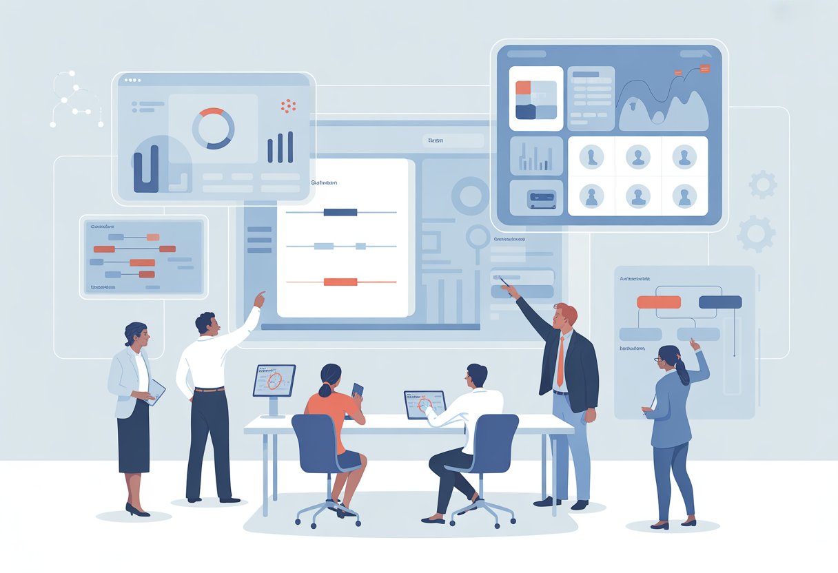 A group of professionals working together in an office, interacting with floating digital screens showing charts and settings related to customization and scalability.
