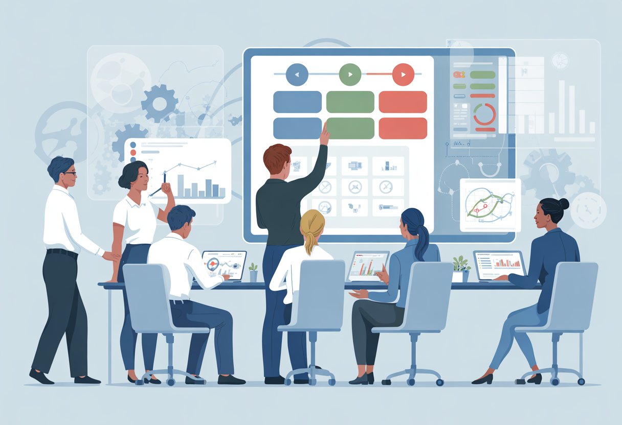 A group of business professionals collaborating around a digital table displaying charts and flowcharts related to risk assessment and business operations.