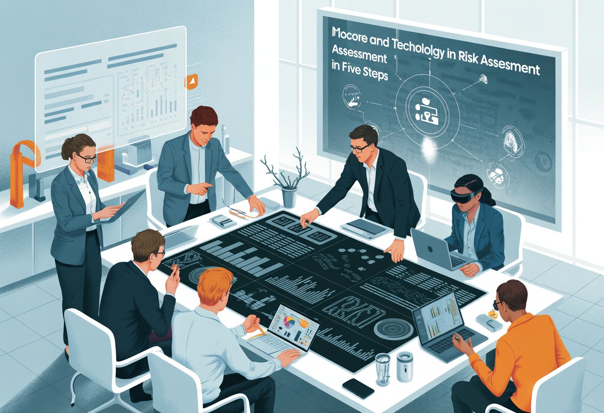 A group of professionals working together around a digital touchscreen table displaying data visualizations, with modern technology and a transparent screen showing icons related to risk assessment in a bright office.