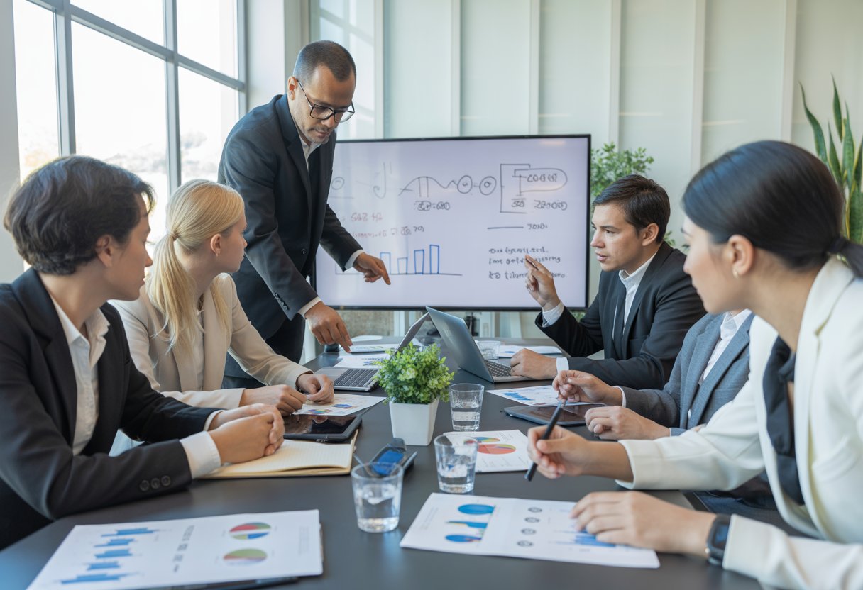 A group of business professionals collaborating around a conference table with documents and digital devices, discussing plans in a bright office.