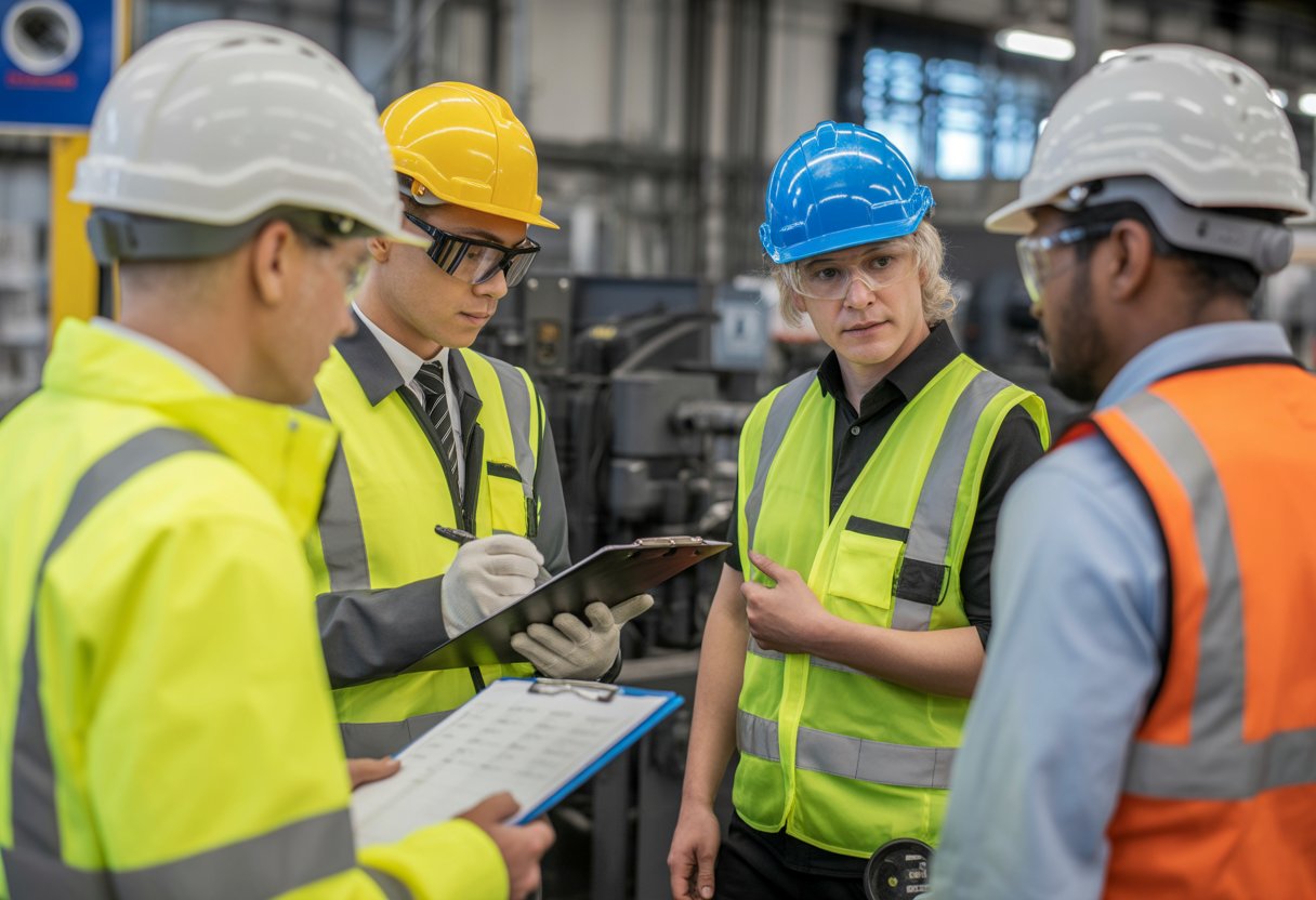 A group of safety inspectors and workers conducting a risk assessment in an industrial setting using checklists, inspections, and interviews.