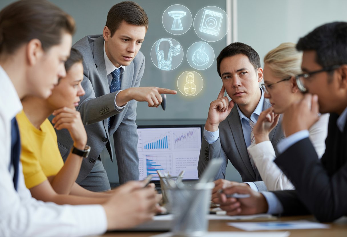 A group of professionals in a meeting room reviewing charts and data with subtle symbols of emerging risks in the background.