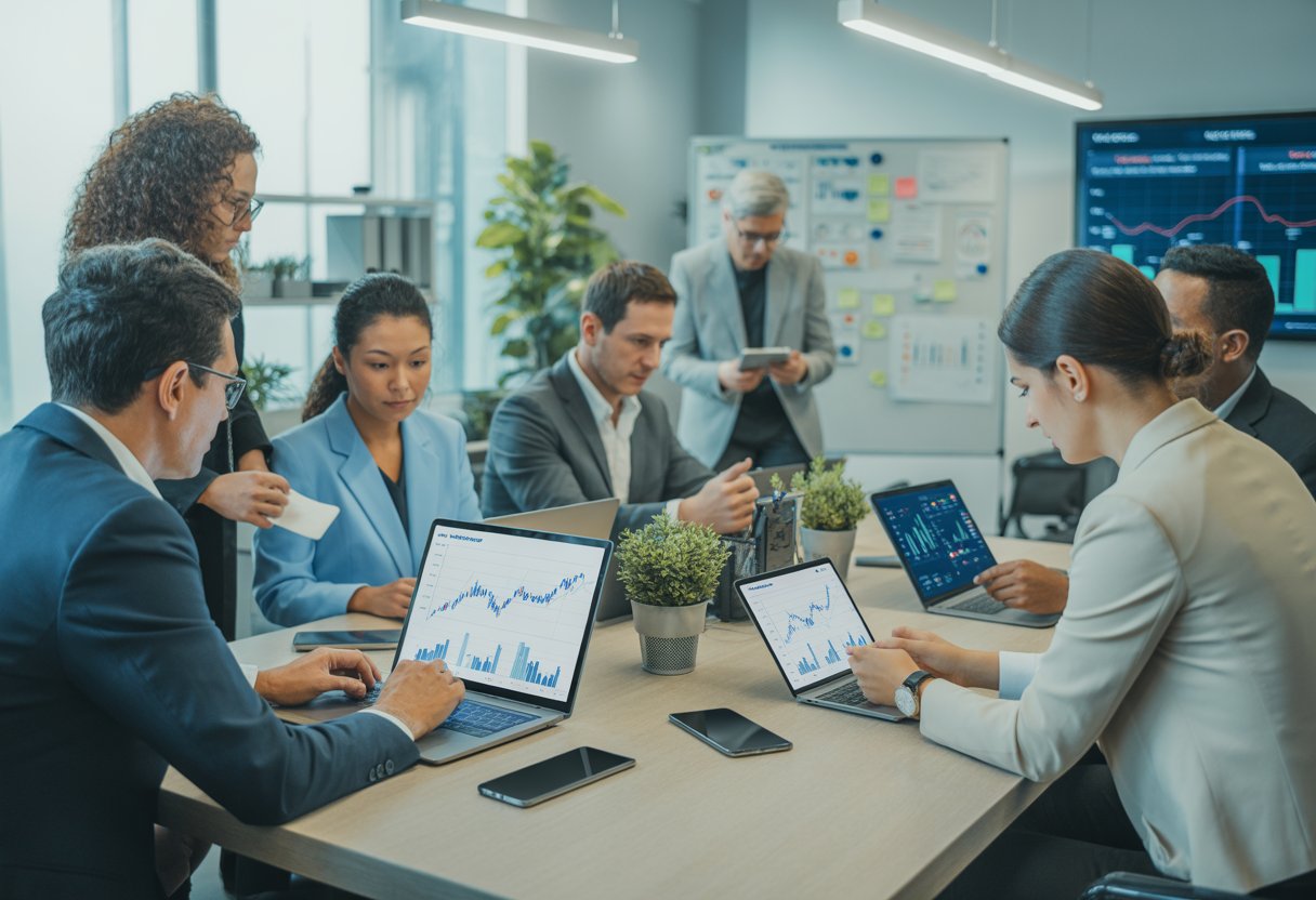 A group of business professionals collaborating around a conference table with digital devices displaying charts and graphs in a bright office.