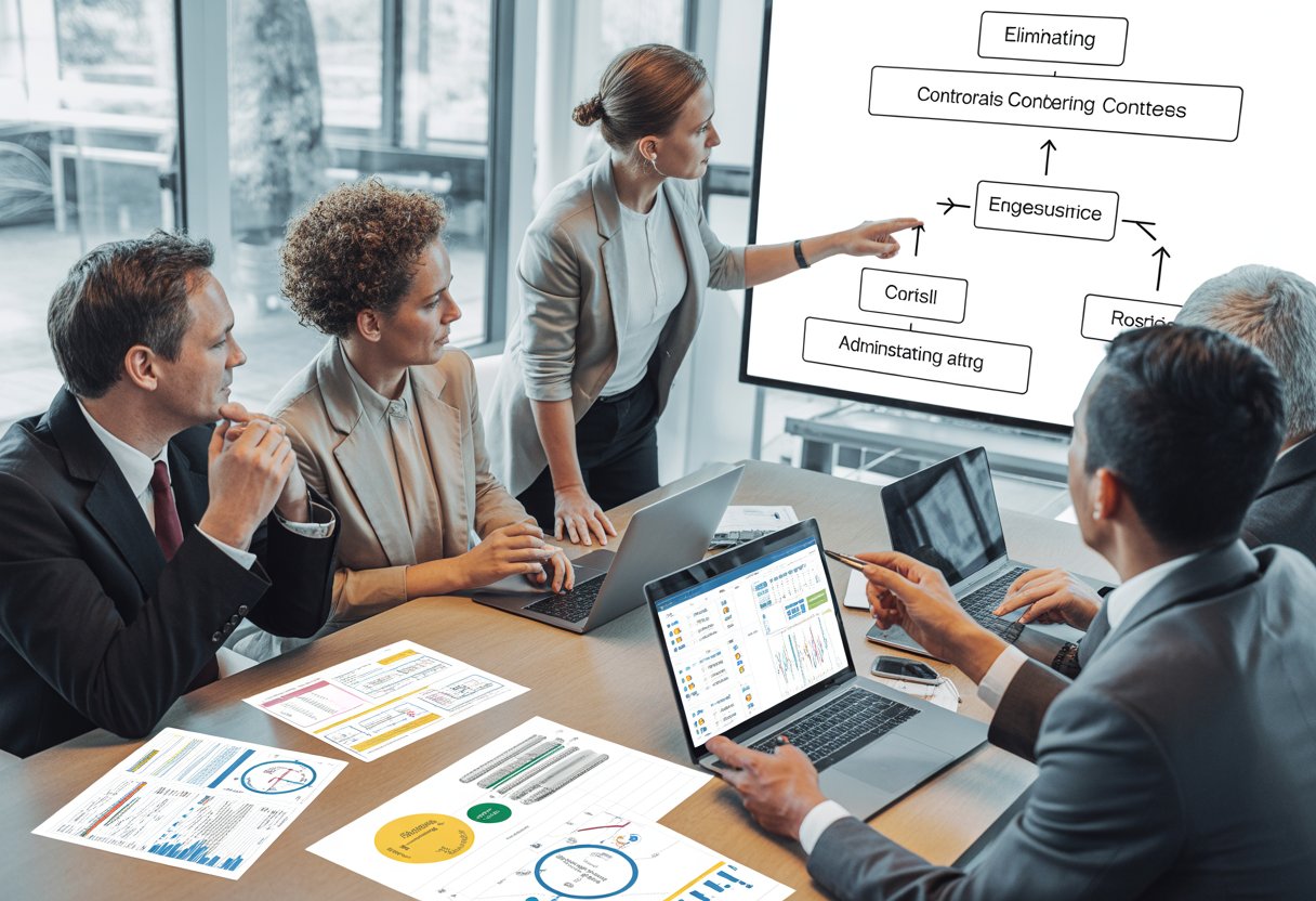 A group of professionals collaborating around a conference table reviewing documents and charts related to risk assessment and control measures in a modern office.