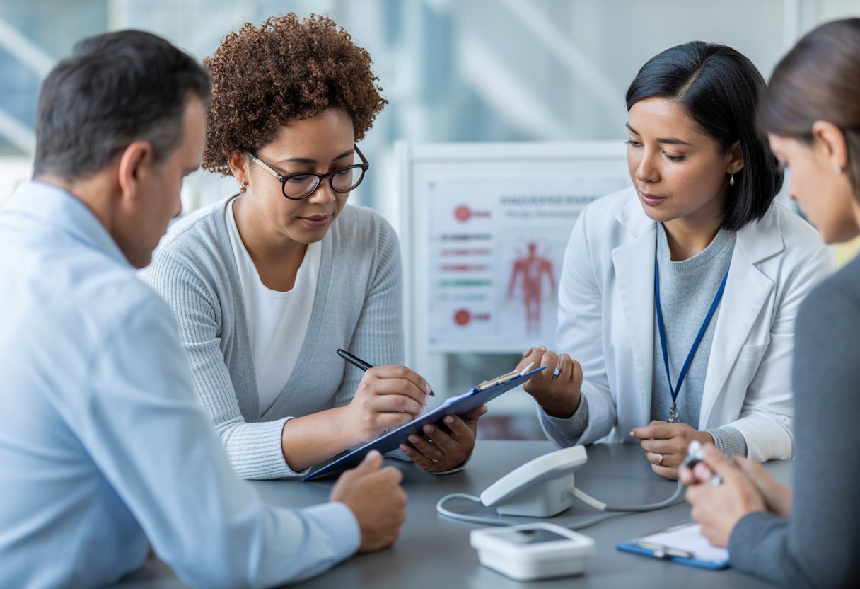 A healthcare professional assists a person filling out a health questionnaire in a bright office setting with medical devices nearby.