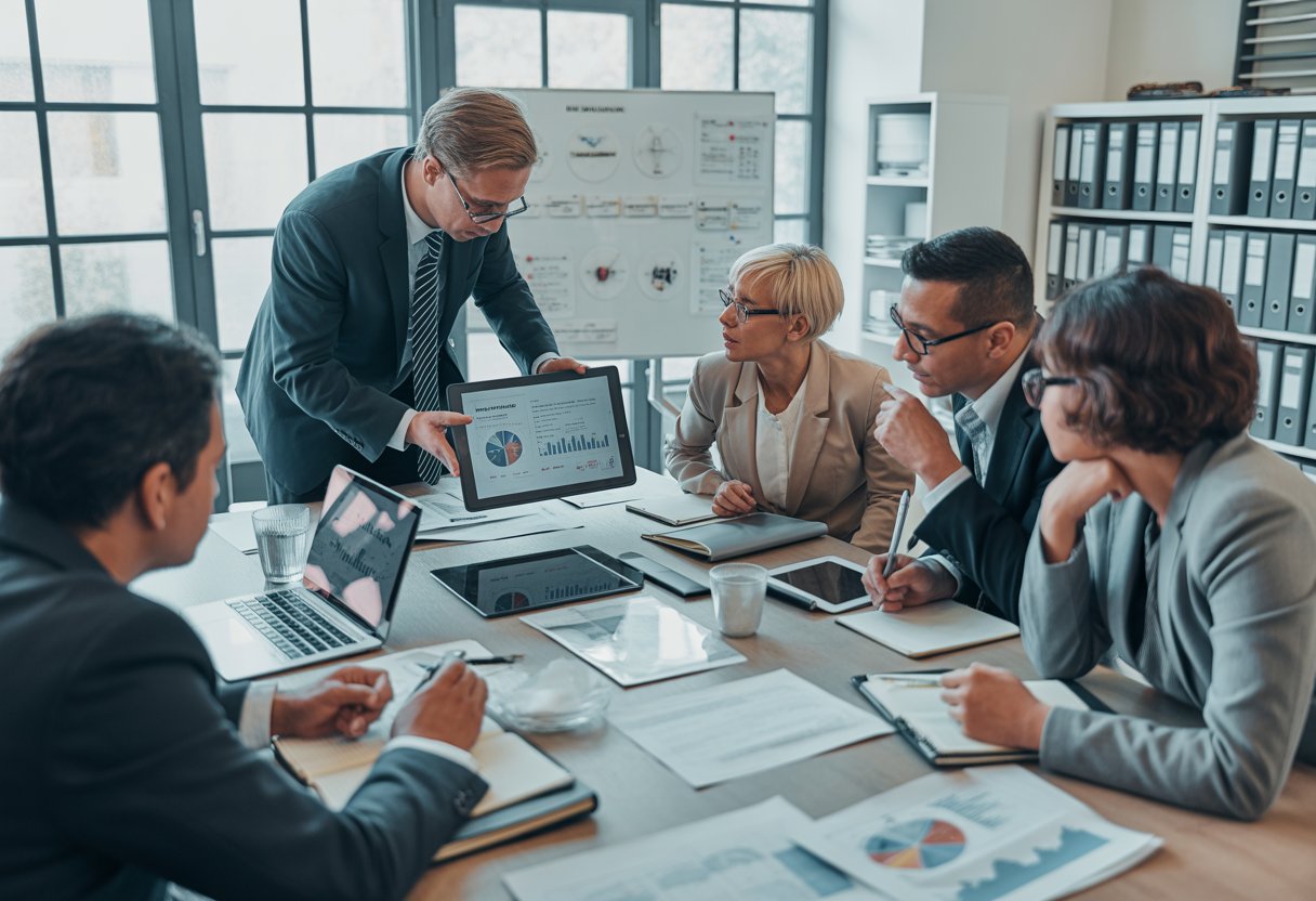 A group of business professionals collaborating around a conference table with documents and laptops discussing a risk treatment plan.