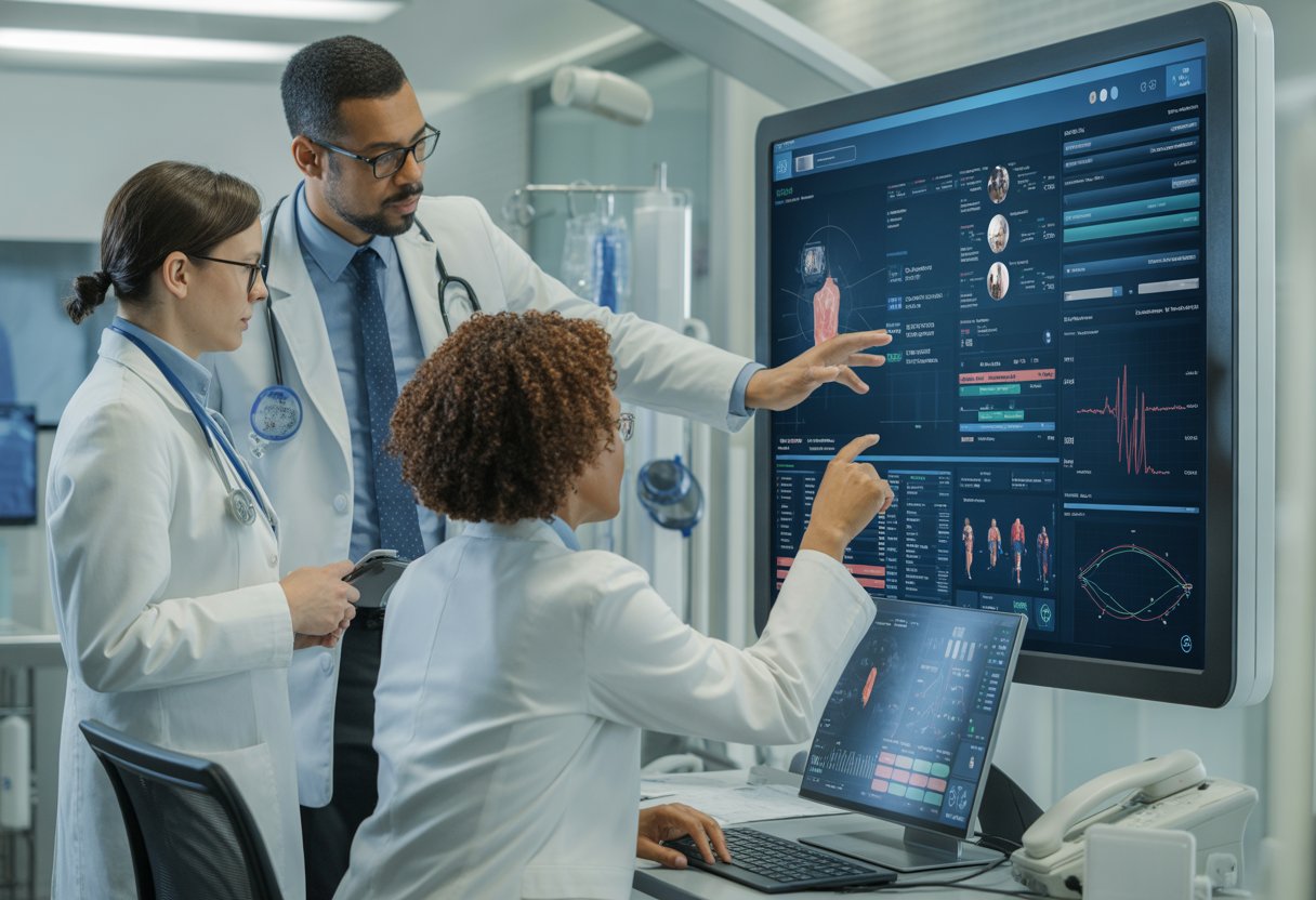 Healthcare professionals reviewing digital health data on a large screen in a clinical setting.