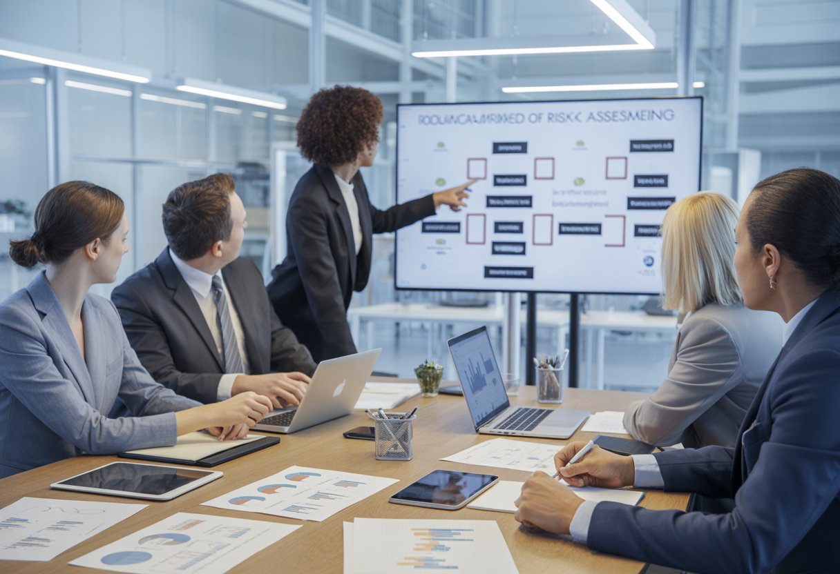 A group of business professionals collaborating around a conference table with laptops and charts, discussing risk assessment in a modern office.