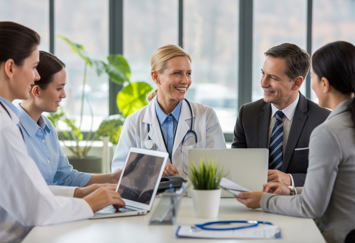 A group of healthcare professionals and office employees collaborating in a bright modern workspace, discussing healthcare options.