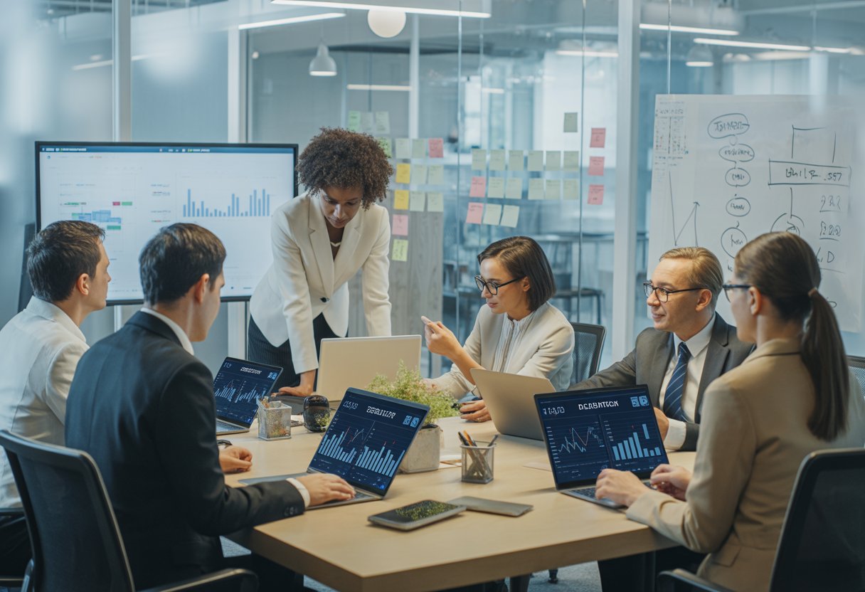A group of professionals collaborating around a table with laptops and tablets showing charts and data in a bright office.