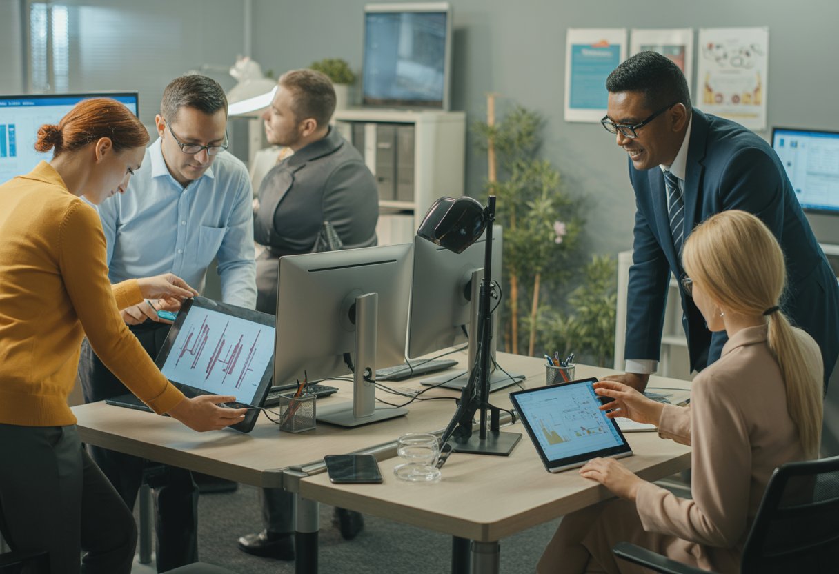 A group of professionals assessing workplace ergonomics and health risks in a modern office setting.