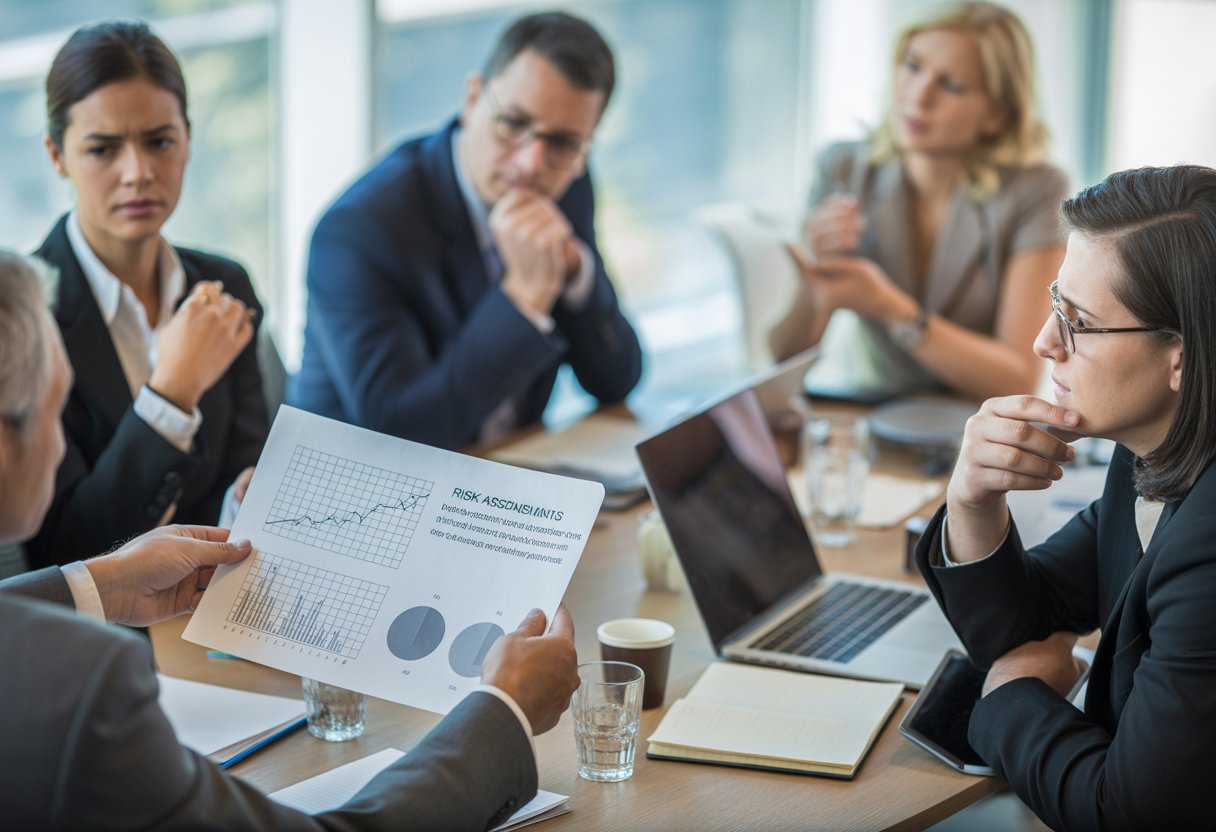 A group of professionals in a meeting room looking concerned as they review unclear risk assessment documents around a conference table.