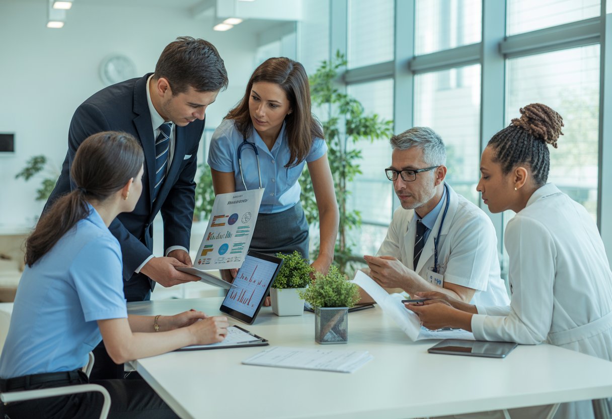 A group of healthcare professionals discussing health risk assessment documents around a conference table in a bright office.