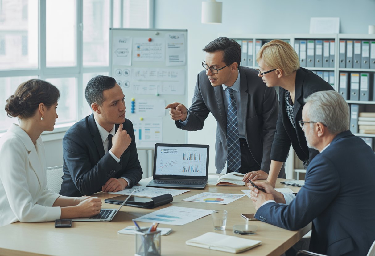 A group of business professionals discussing charts and data around a conference table in a bright office.