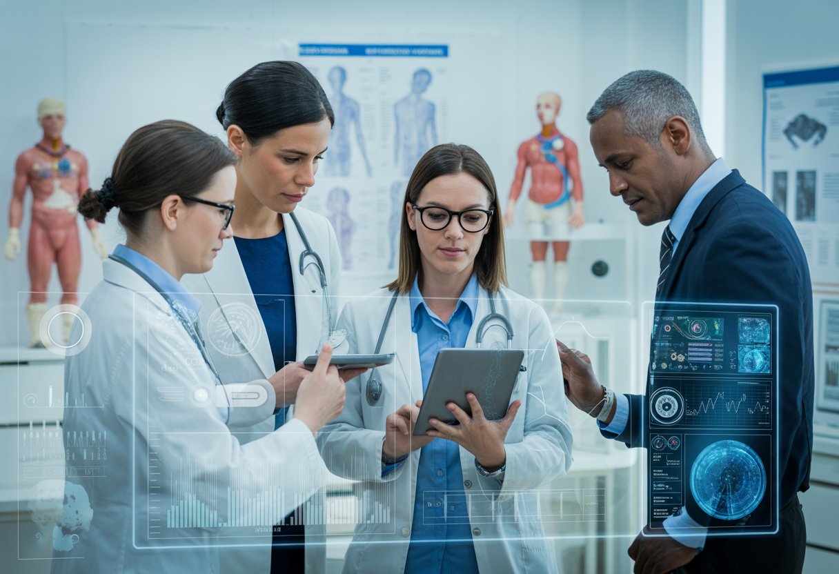 Medical professionals reviewing health data on a digital tablet in a modern healthcare office.