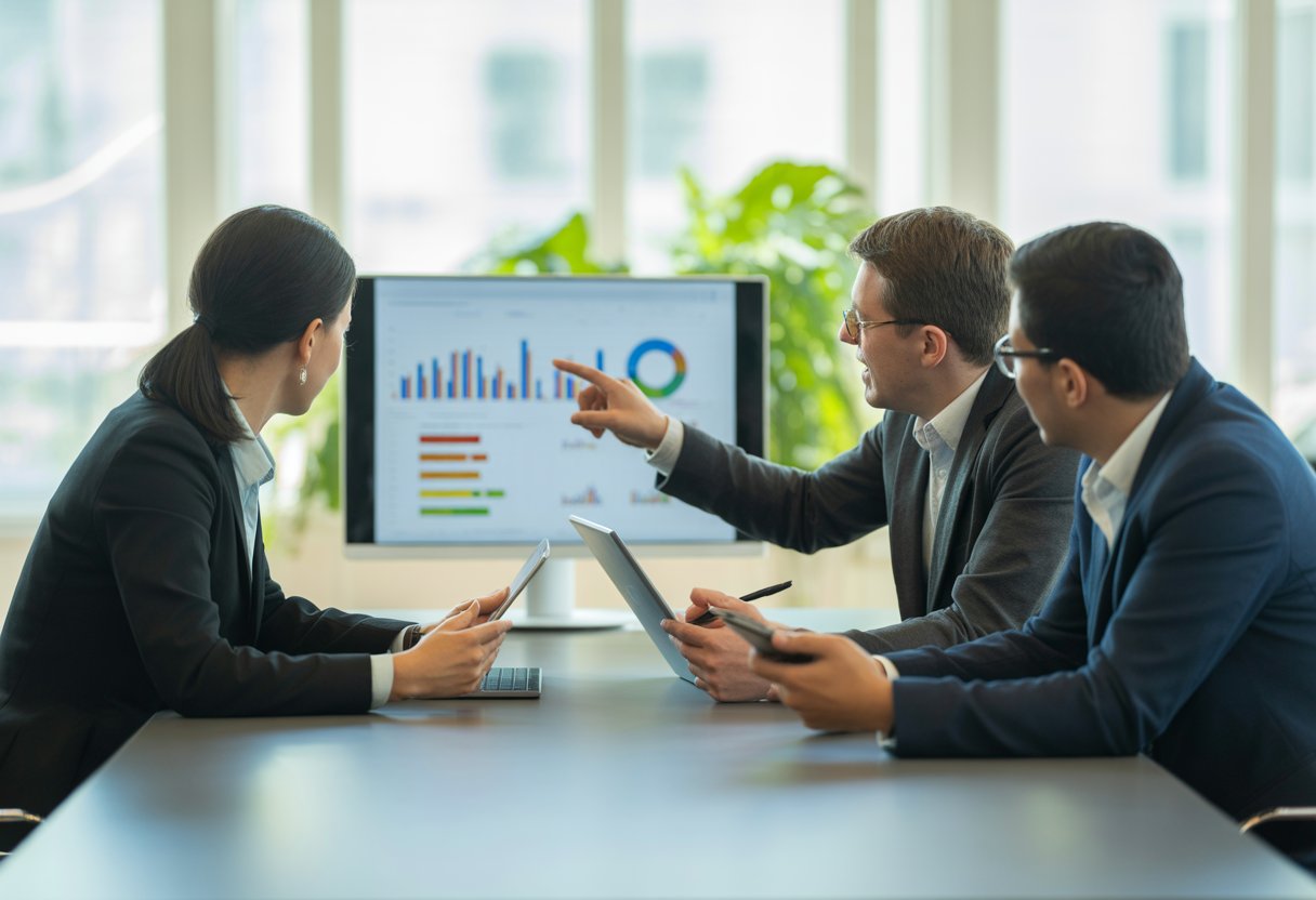Three professionals discussing data on a computer screen in a bright office with natural light and plants.
