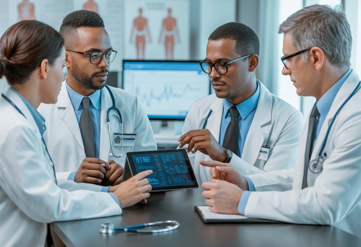 A group of doctors discussing health data on a digital tablet in a medical office.