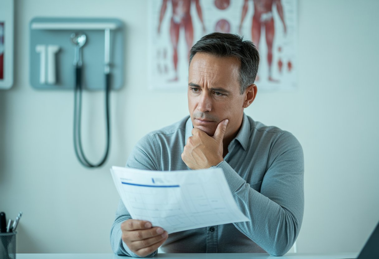 A middle-aged man sitting in a doctor's office looking thoughtfully at a health report.