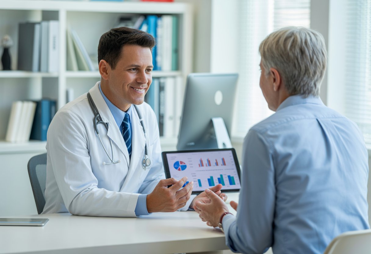 A doctor talking with a patient in a medical office, showing healthcare documents on a tablet.