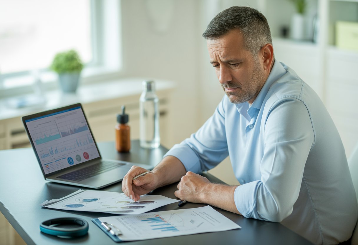 A middle-aged man sitting at a desk reviewing health documents and medical charts with a laptop, looking thoughtful and concerned.