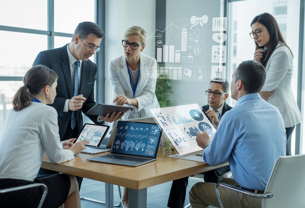 A group of healthcare and human resources professionals reviewing digital data and charts together in a bright office.