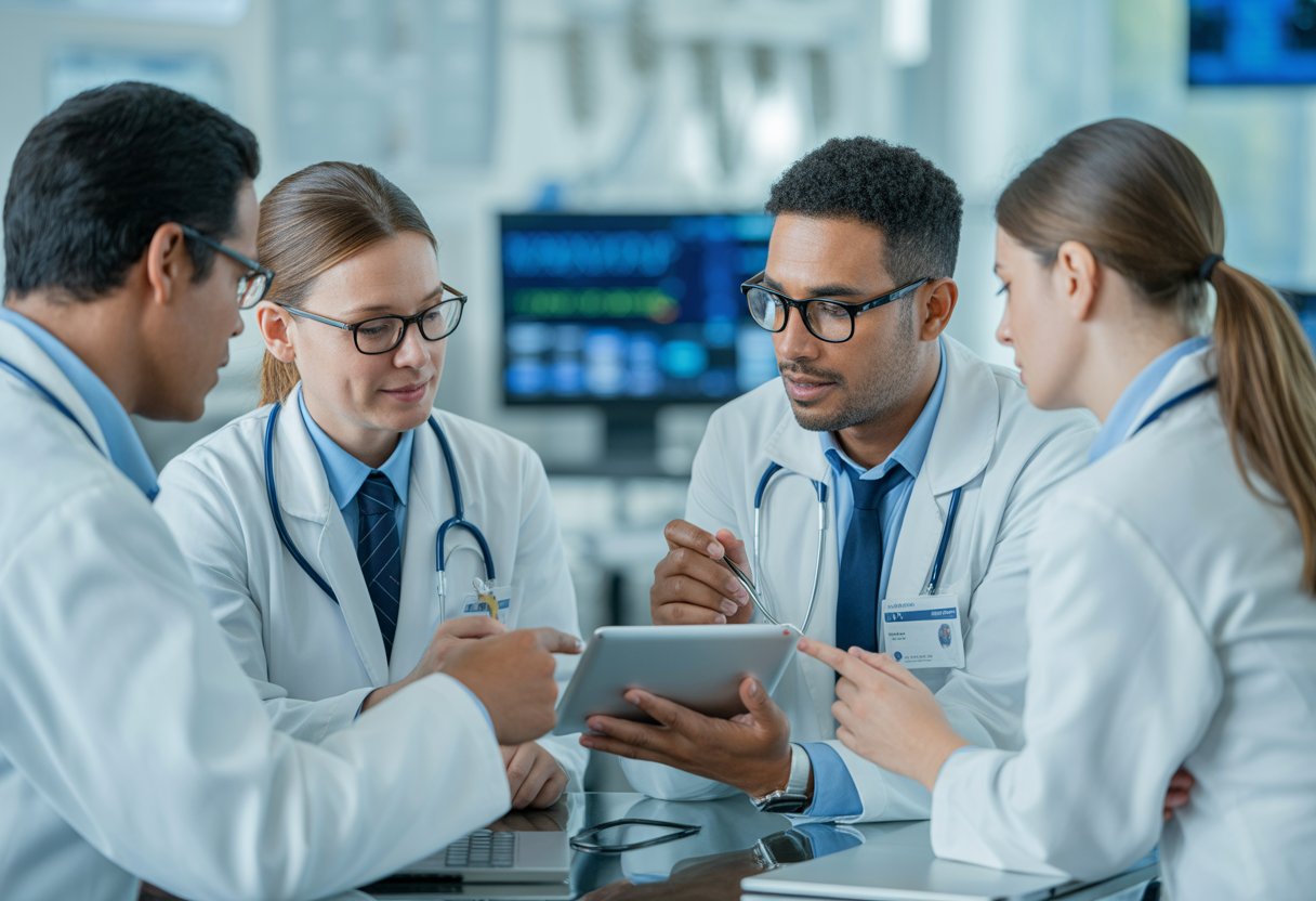 Doctors collaborating and reviewing health data on a digital tablet in a modern healthcare setting.