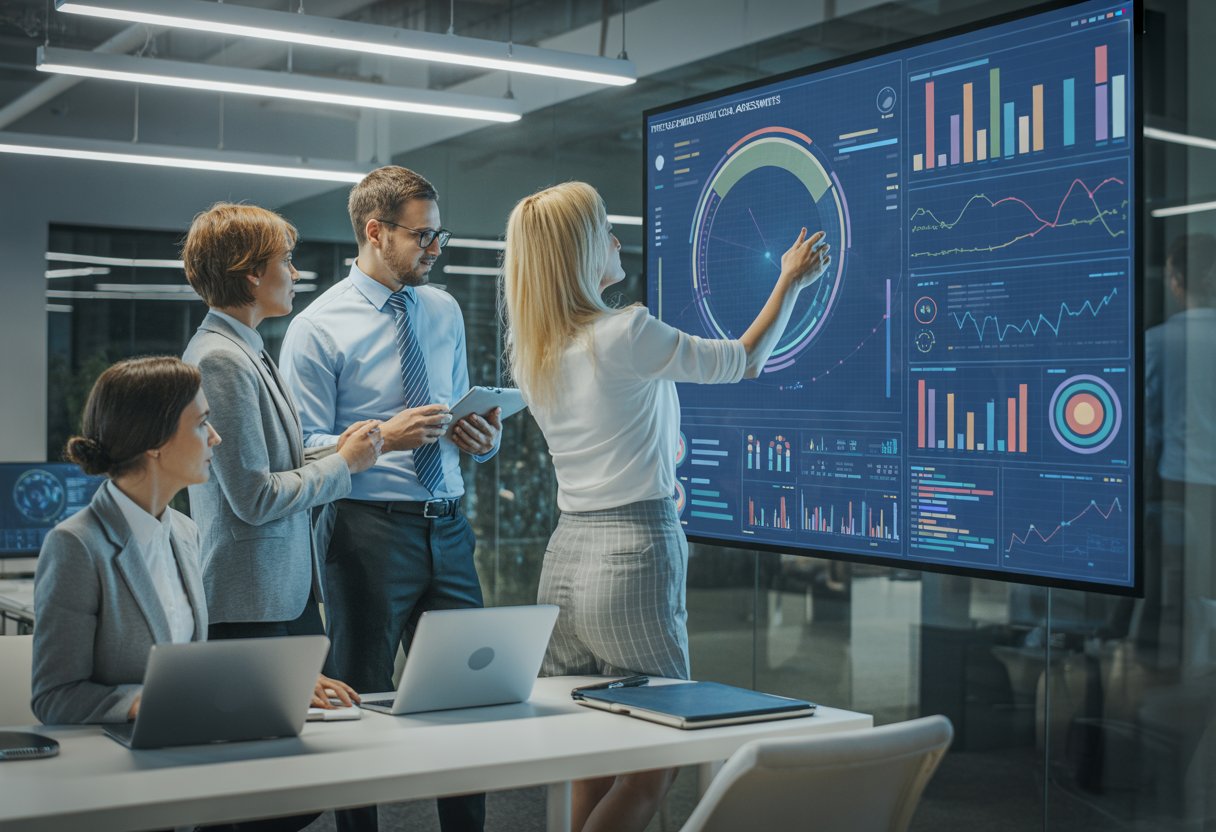 A group of professionals collaborating around a digital screen displaying health data and charts in a modern office.