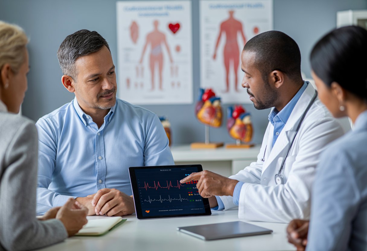 A doctor and a middle-aged man discussing heart health in a medical office with heart models and charts in the background.