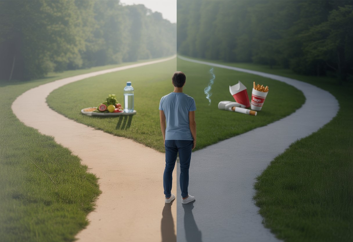 A person standing at a fork in a forest path, looking thoughtfully toward two different directions symbolizing healthy and unhealthy lifestyle choices.