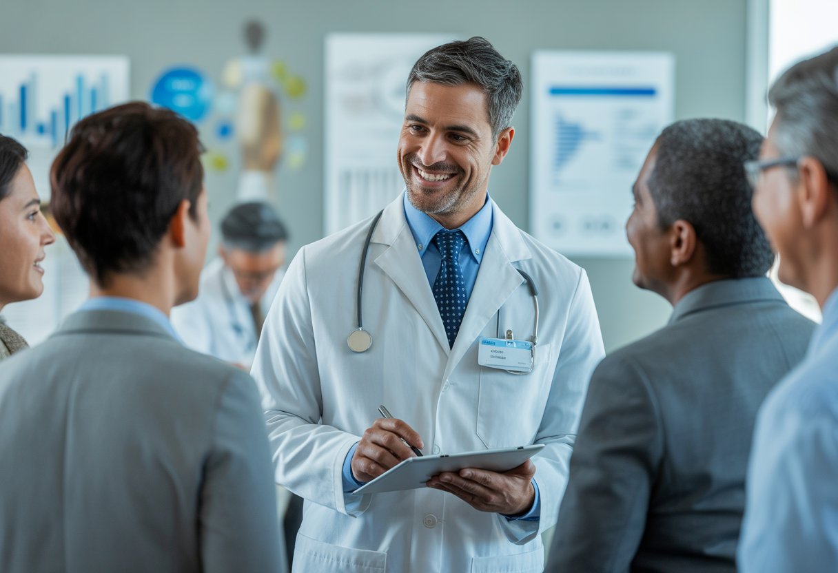 A doctor explaining health benefits to a group of adults in a modern office.