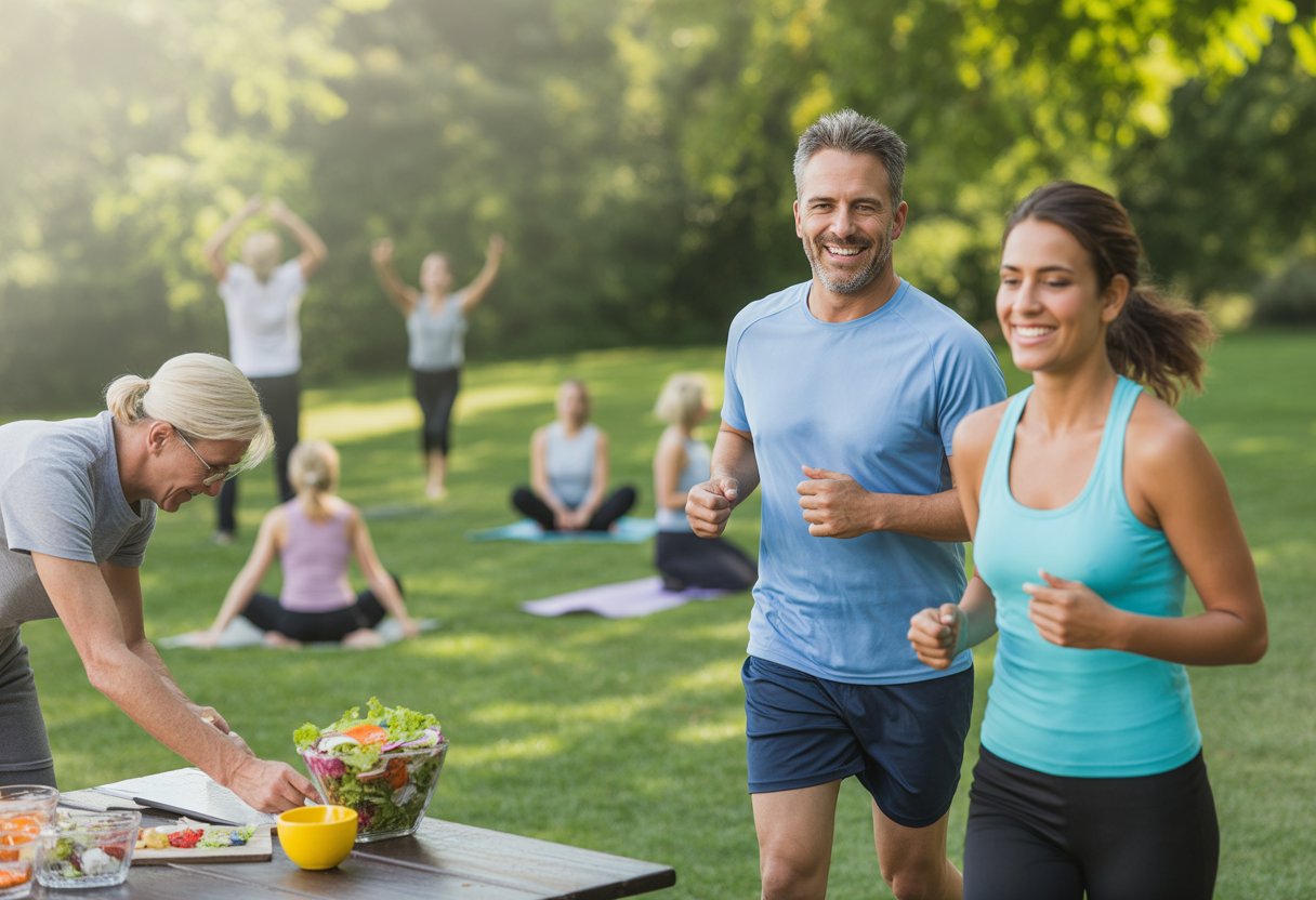 People jogging, preparing healthy food, and doing yoga outdoors in a sunny park setting.
